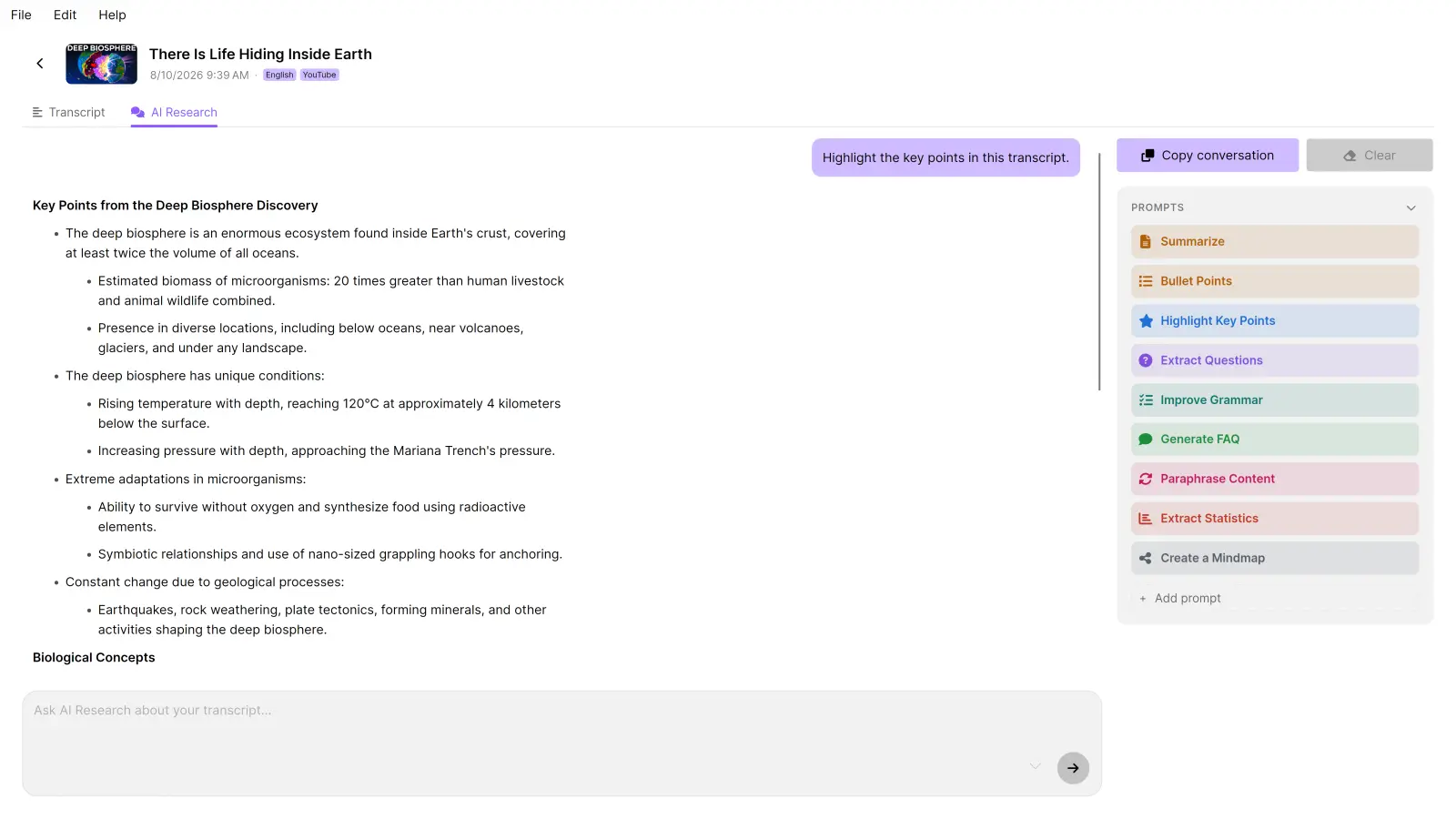 The TrueScribe AI Research view answering “Highlight the key points in this transcript” with a bulleted summary, beside a list of saved prompts such as Summarize, Bullet Points and Generate FAQ.