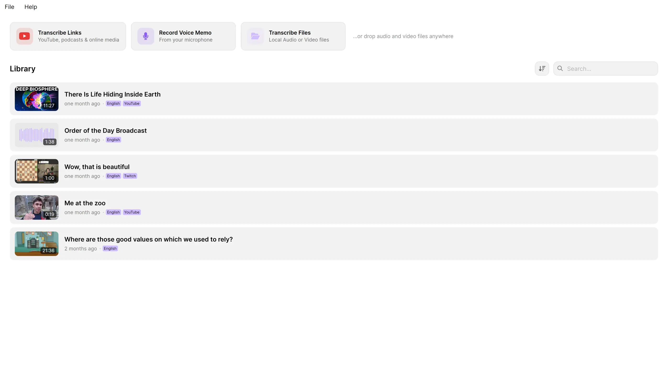 The TrueScribe home screen with actions for transcribing links, recording a voice memo and transcribing files, above a library of finished recordings with durations and language tags.