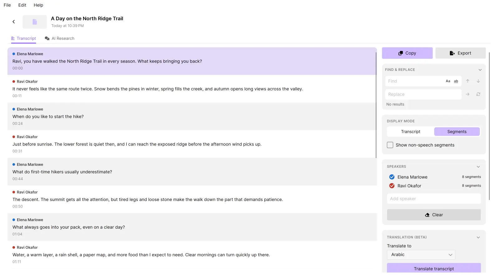 The TrueScribe transcript editor showing “A Day on the North Ridge Trail” with timestamped segments assigned to Elena Marlowe and Ravi Okafor, and the expanded Speakers panel listing both names.