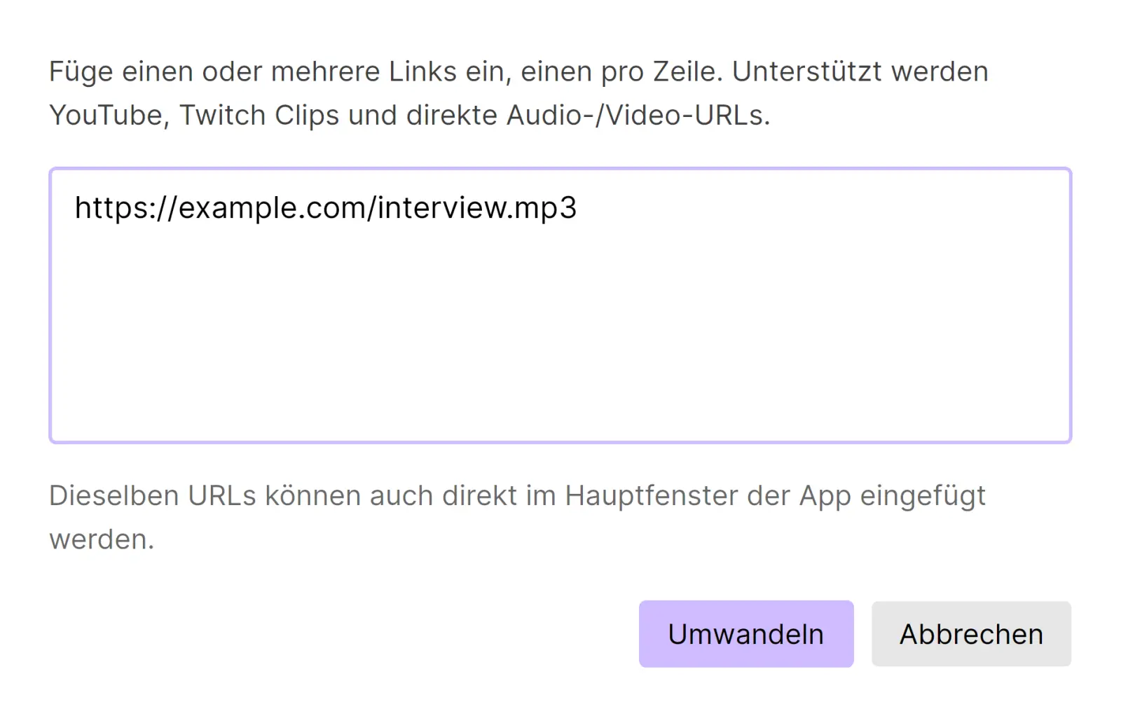 TrueScribe-Dialog zum Transkribieren unterstützter Medienlinks.