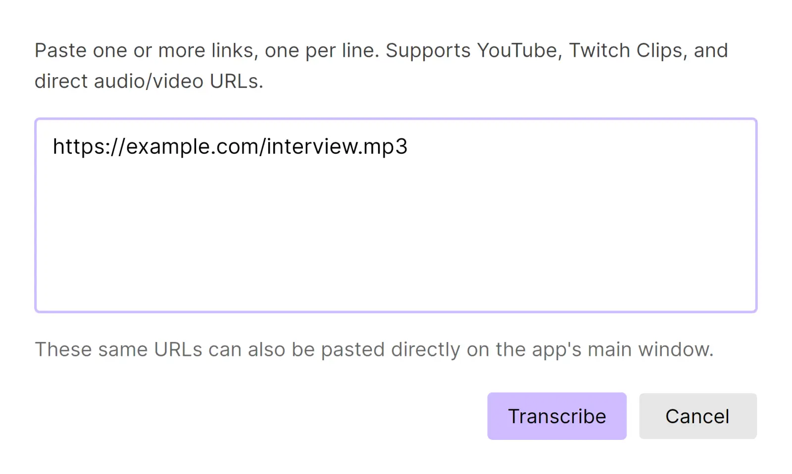 TrueScribe dialog for transcribing supported media links.