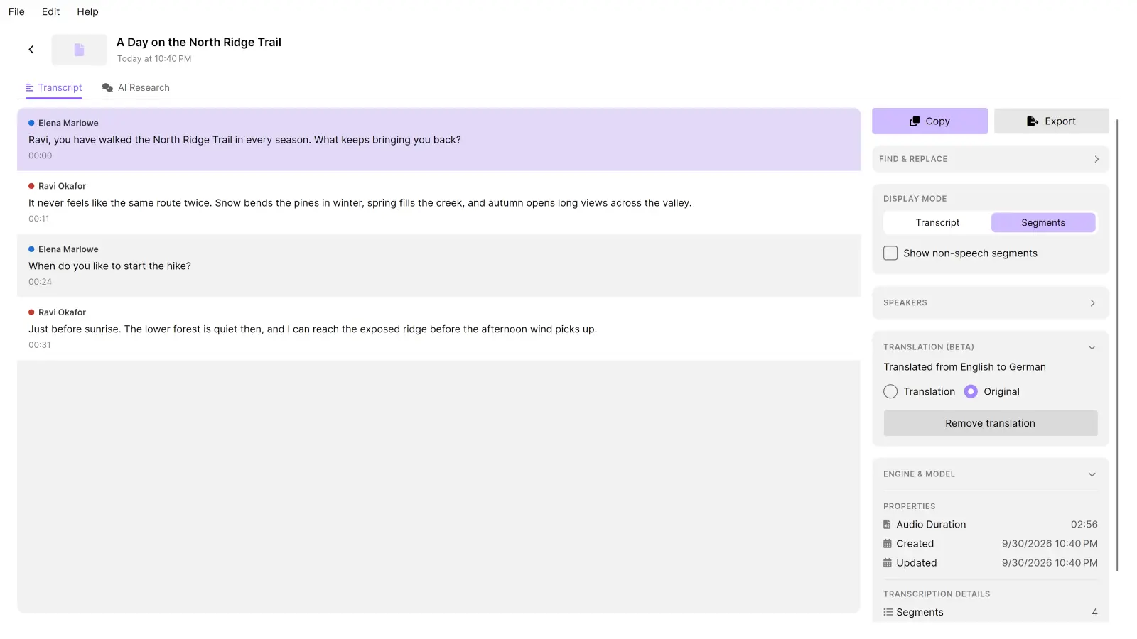 The TrueScribe transcript editor showing “A Day on the North Ridge Trail” with timestamped segments assigned to Elena Marlowe and Ravi Okafor, and the expanded Speakers panel listing both names.