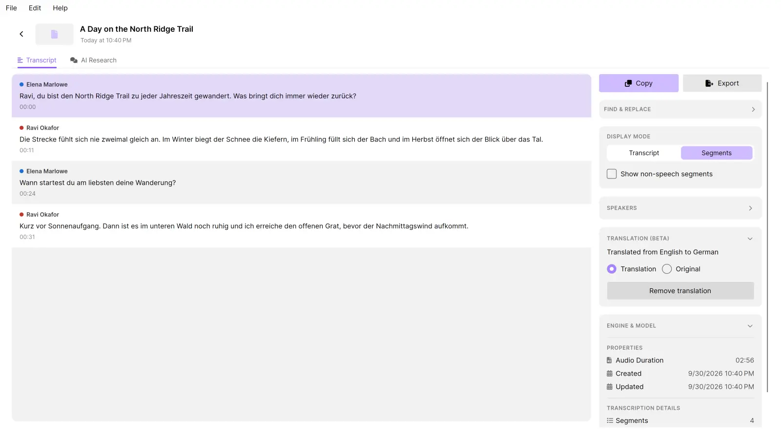 TrueScribe showing a German translation of the demonstration interview.