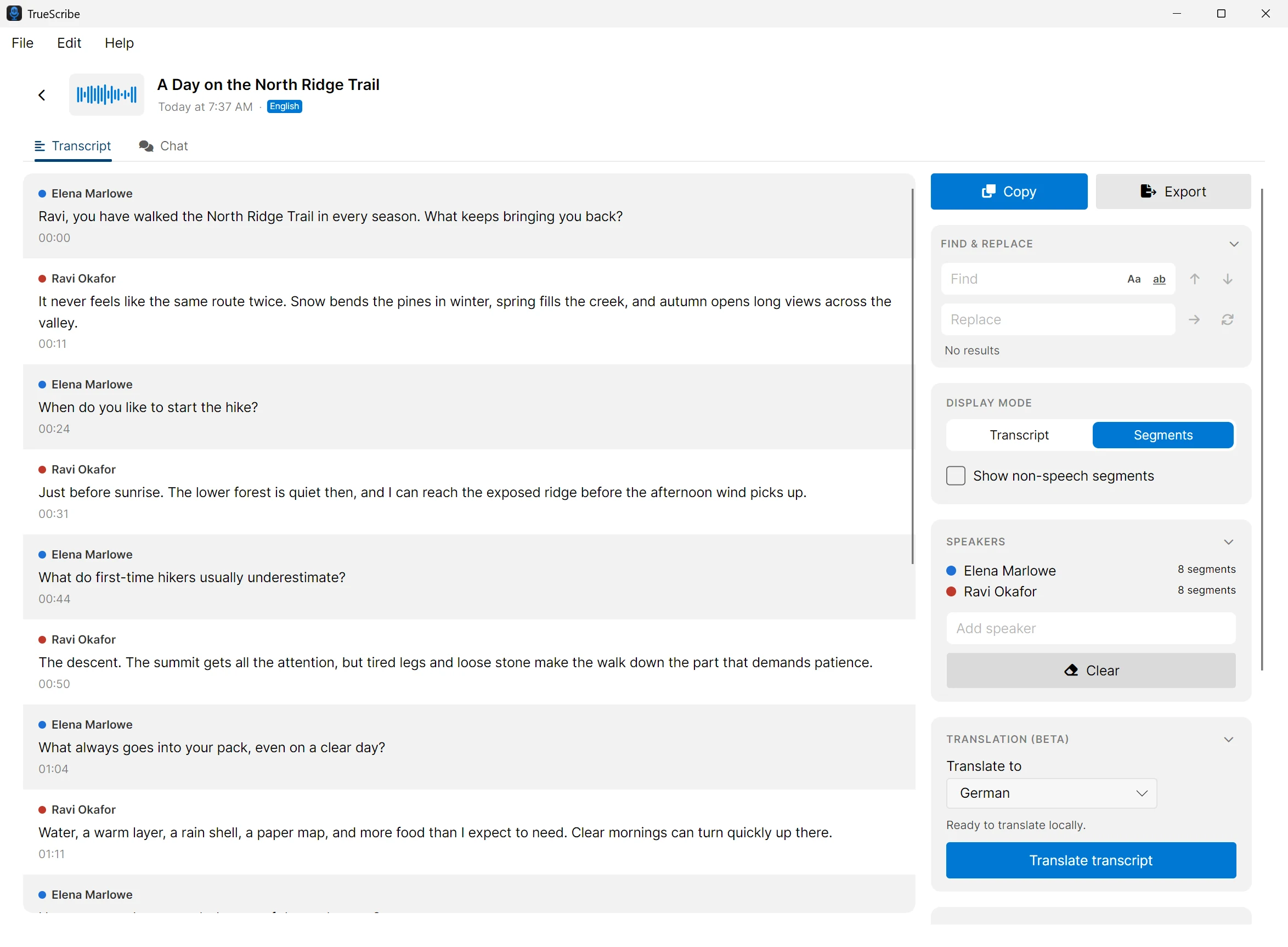 The TrueScribe transcript editor showing “A Day on the North Ridge Trail”, with timestamped segments from Elena Marlowe and Ravi Okafor beside the transcript tools.